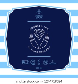 Logotype in a circle - linear symbols - hands hold  the heart with a labyrinth - a symbol of support, mutual help, protect and care.