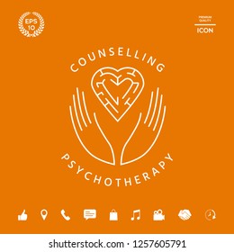 Logotype in a circle - linear symbols - hands hold  the heart with a labyrinth - a symbol of support, mutual help, protect and care.
