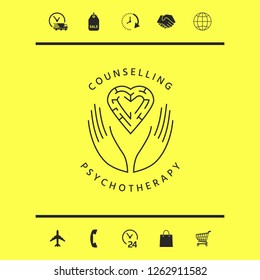 Logotype in a circle - linear symbols - hands hold  the heart with a labyrinth - a symbol of support, mutual help, protect and care.
