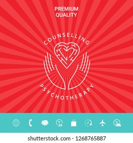 Logotype in a circle - linear symbols - hands hold  the heart with a labyrinth - a symbol of support, mutual help, protect and care.