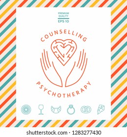 Logotype in a circle - linear symbols - hands hold  the heart with a labyrinth - a symbol of support, mutual help, protect and care.