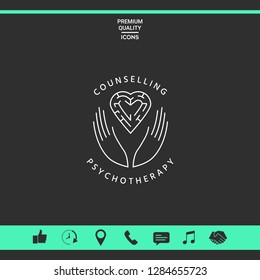 Logotype in a circle - linear symbols - hands hold  the heart with a labyrinth - a symbol of support, mutual help, protect and care.