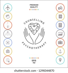 Logotype in a circle - linear symbols - hands hold  the heart with a labyrinth - a symbol of support, mutual help, protect and care.