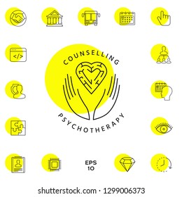 Logotype in a circle - linear symbols - hands hold  the heart with a labyrinth - a symbol of support, mutual help, protect and care.