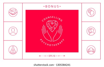 Logotype in a circle - linear symbols - hands hold  the heart with a labyrinth - a symbol of support, mutual help, protect and care.