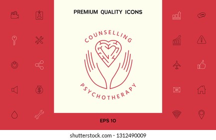 Logotype in a circle - linear symbols - hands hold  the heart with a labyrinth - a symbol of support, mutual help, protect and care.