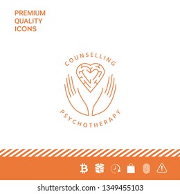 Logotype in a circle - linear symbols - hands hold  the heart with a labyrinth - a symbol of support, mutual help, protect and care.