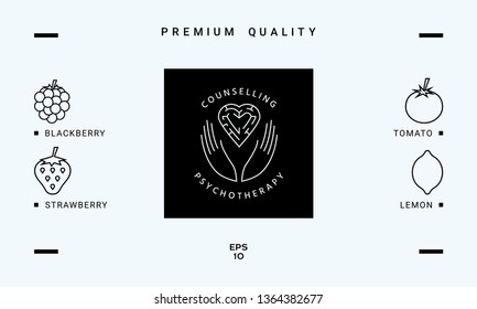 Logotype in a circle - linear symbols - hands hold  the heart with a labyrinth - a symbol of support, mutual help, protect and care.