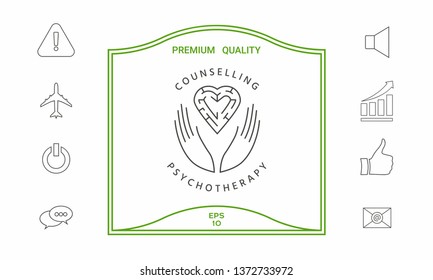 Logotype in a circle - linear symbols - hands hold  the heart with a labyrinth - a symbol of support, mutual help, protect and care.