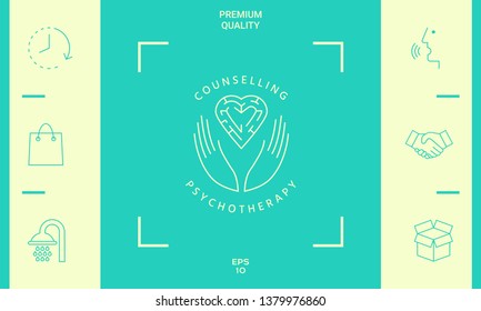 Logotype in a circle - linear symbols - hands hold  the heart with a labyrinth - a symbol of support, mutual help, protect and care.