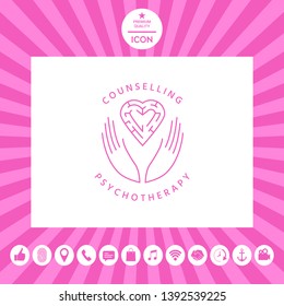 Logotype in a circle - linear symbols - hands hold  the heart with a labyrinth - a symbol of support, mutual help, protect and care.