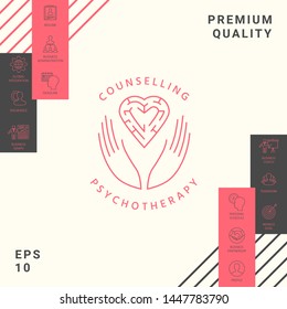 Logotype in a circle - linear symbols - hands hold  the heart with a labyrinth - a symbol of support, mutual help, protect and care.