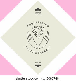 Logotype in a circle - linear symbols - hands hold the heart with a labyrinth - a symbol of support, mutual help, protect and care.