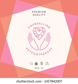 Logotype in a circle - linear symbols - hands hold the heart with a labyrinth - a symbol of support, mutual help, protect and care.