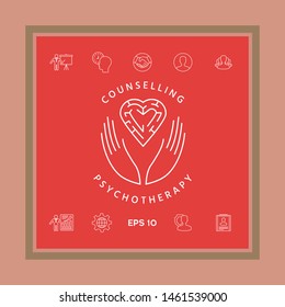 Logotype in a circle - linear symbols - hands hold the heart with a labyrinth - a symbol of support, mutual help, protect and care.