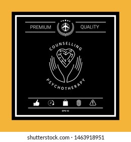 Logotype in a circle - linear symbols - hands hold the heart with a labyrinth - a symbol of support, mutual help, protect and care.