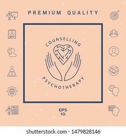 Logotype in a circle - linear symbols - hands hold the heart with a labyrinth - a symbol of support, mutual help, protect and care.