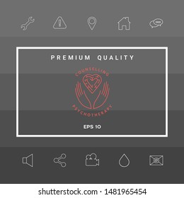 Logotype in a circle - linear symbols - hands hold the heart with a labyrinth - a symbol of support, mutual help, protect and care.