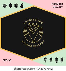 Logotype in a circle - linear symbols - hands hold the heart with a labyrinth - a symbol of support, mutual help, protect and care.