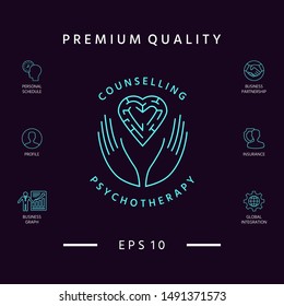 Logotype in a circle - linear symbols - hands hold the heart with a labyrinth - a symbol of support, mutual help, protect and care.
