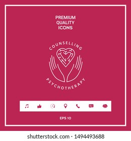 Logotype in a circle - linear symbols - hands hold the heart with a labyrinth - a symbol of support, mutual help, protect and care.