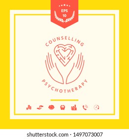 Logotype in a circle - linear symbols - hands hold the heart with a labyrinth - a symbol of support, mutual help, protect and care.