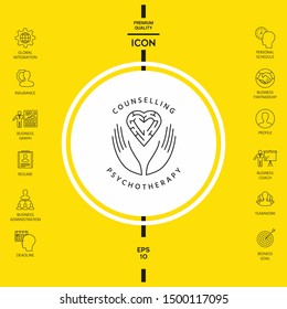 Logotype in a circle - linear symbols - hands hold the heart with a labyrinth - a symbol of support, mutual help, protect and care.