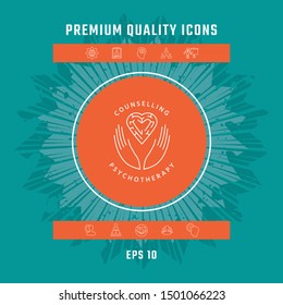 Logotype in a circle - linear symbols - hands hold the heart with a labyrinth - a symbol of support, mutual help, protect and care.