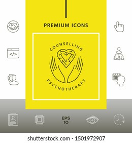 Logotype in a circle - linear symbols - hands hold the heart with a labyrinth - a symbol of support, mutual help, protect and care.