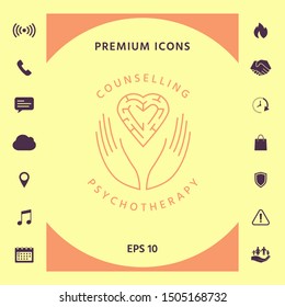 Logotype in a circle - linear symbols - hands hold the heart with a labyrinth - a symbol of support, mutual help, protect and care.
