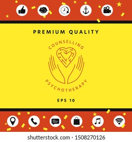 Logotype in a circle - linear symbols - hands hold the heart with a labyrinth - a symbol of support, mutual help, protect and care.