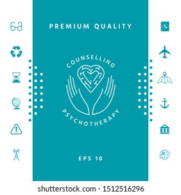 Logotype in a circle - linear symbols - hands hold the heart with a labyrinth - a symbol of support, mutual help, protect and care.