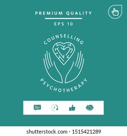 Logotype in a circle - linear symbols - hands hold the heart with a labyrinth - a symbol of support, mutual help, protect and care.
