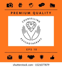 Logotype in a circle - linear symbols - hands hold the heart with a labyrinth - a symbol of support, mutual help, protect and care.