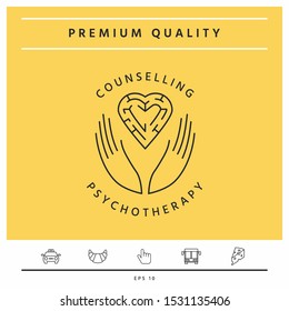 Logotype in a circle - linear symbols - hands hold the heart with a labyrinth - a symbol of support, mutual help, protect and care.