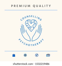 Logotype in a circle - linear symbols - hands hold the heart with a labyrinth - a symbol of support, mutual help, protect and care.