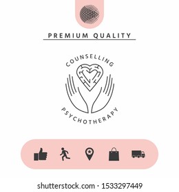 Logotype in a circle - linear symbols - hands hold the heart with a labyrinth - a symbol of support, mutual help, protect and care.