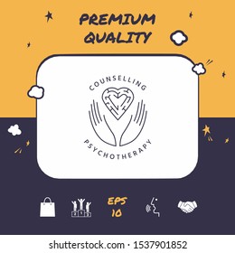 Logotype in a circle - linear symbols - hands hold the heart with a labyrinth - a symbol of support, mutual help, protect and care.