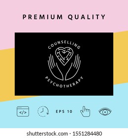 Logotype in a circle - linear symbols - hands hold the heart with a labyrinth - a symbol of support, mutual help, protect and care.