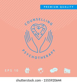Logotype in a circle - linear symbols - hands hold the heart with a labyrinth - a symbol of support, mutual help, protect and care.