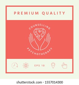Logotype in a circle - linear symbols - hands hold the heart with a labyrinth - a symbol of support, mutual help, protect and care.