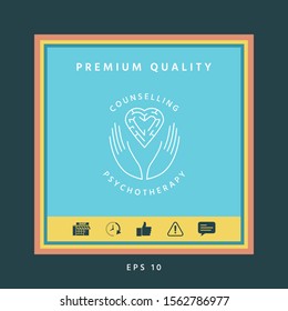 Logotype in a circle - linear symbols - hands hold the heart with a labyrinth - a symbol of support, mutual help, protect and care.