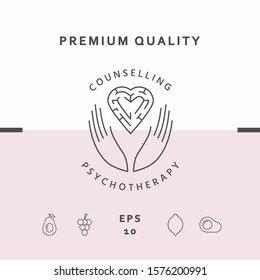 Logotype in a circle - linear symbols - hands hold the heart with a labyrinth - a symbol of support, mutual help, protect and care.