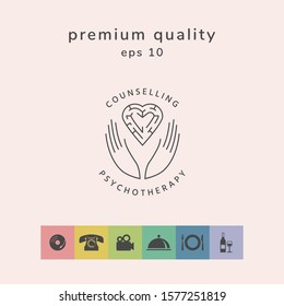 Logotype in a circle - linear symbols - hands hold the heart with a labyrinth - a symbol of support, mutual help, protect and care.