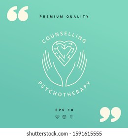 Logotype in a circle - linear symbols - hands hold the heart with a labyrinth - a symbol of support, mutual help, protect and care.