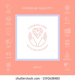 Logotype in a circle - linear symbols - hands hold the heart with a labyrinth - a symbol of support, mutual help, protect and care.