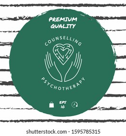 Logotype in a circle - linear symbols - hands hold the heart with a labyrinth - a symbol of support, mutual help, protect and care.