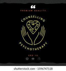 Logotype in a circle - linear symbols - hands hold the heart with a labyrinth - a symbol of support, mutual help, protect and care.