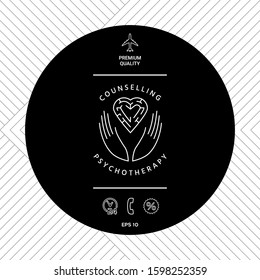 Logotype in a circle - linear symbols - hands hold the heart with a labyrinth - a symbol of support, mutual help, protect and care.