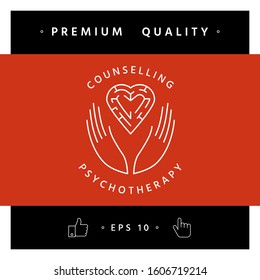 Logotype in a circle - linear symbols - hands hold the heart with a labyrinth - a symbol of support, mutual help, protect and care.